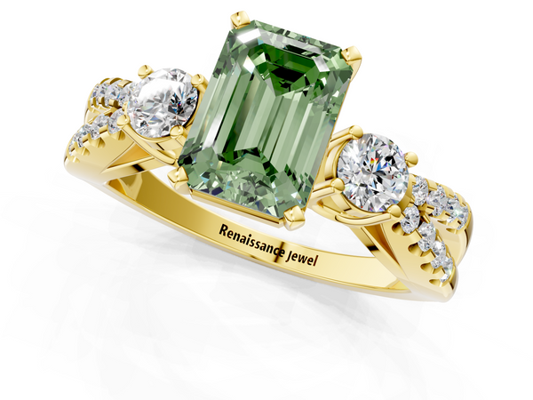 Yellow gold Fancy Green Emerald Cut Diamond Three-Stone Ring with Pavé Split Shank and Four-Prong Setting