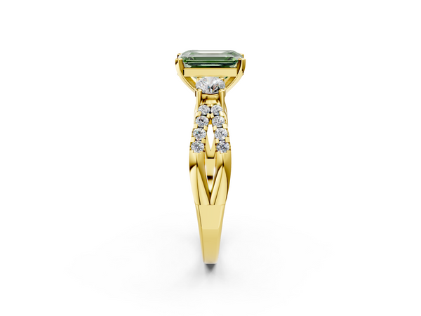 Yellow gold Fancy Green Emerald Cut Diamond Three-Stone Ring with Pavé Split Shank and Four-Prong Setting