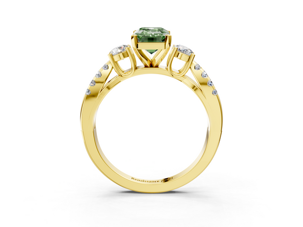 Yellow gold Fancy Green Emerald Cut Diamond Three-Stone Ring with Pavé Split Shank and Four-Prong Setting