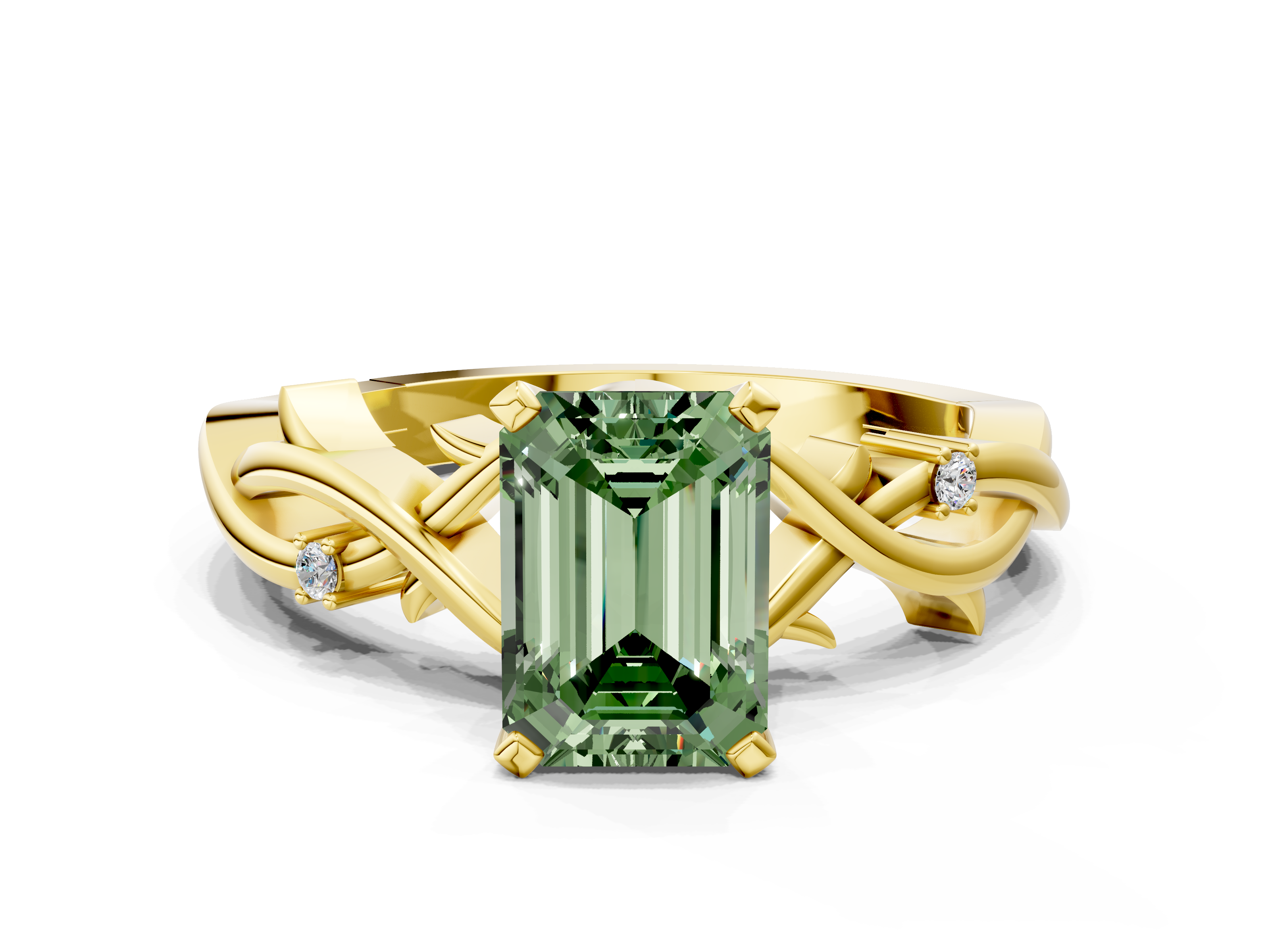 Yellow gold Fancy Green Emerald cut Solitaire Twisted Band Prong Setting Ring_188