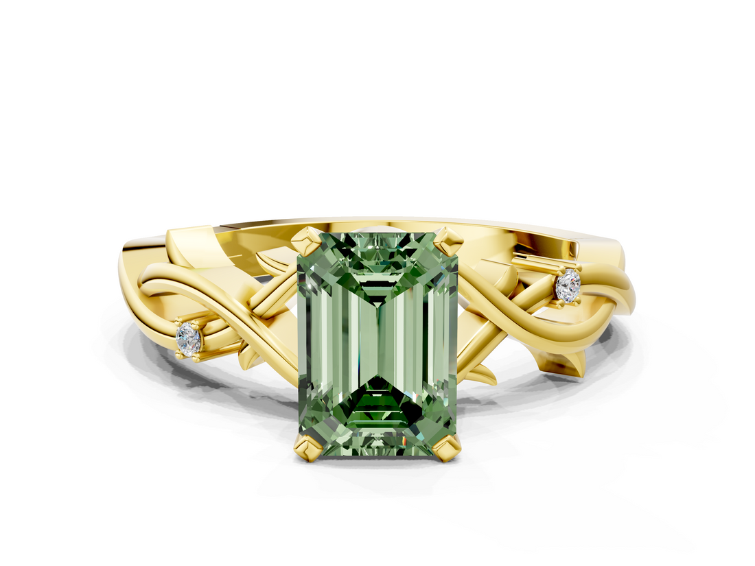 Yellow gold Fancy Green Emerald cut Solitaire Twisted Band Prong Setting Ring_188