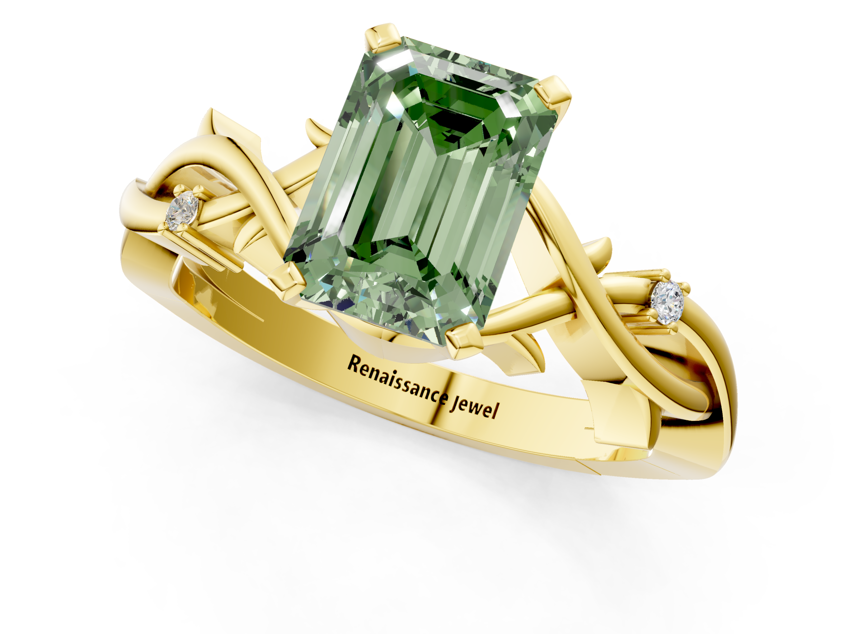 Yellow gold Fancy Green Emerald cut Solitaire Twisted Band Prong Setting Ring_189