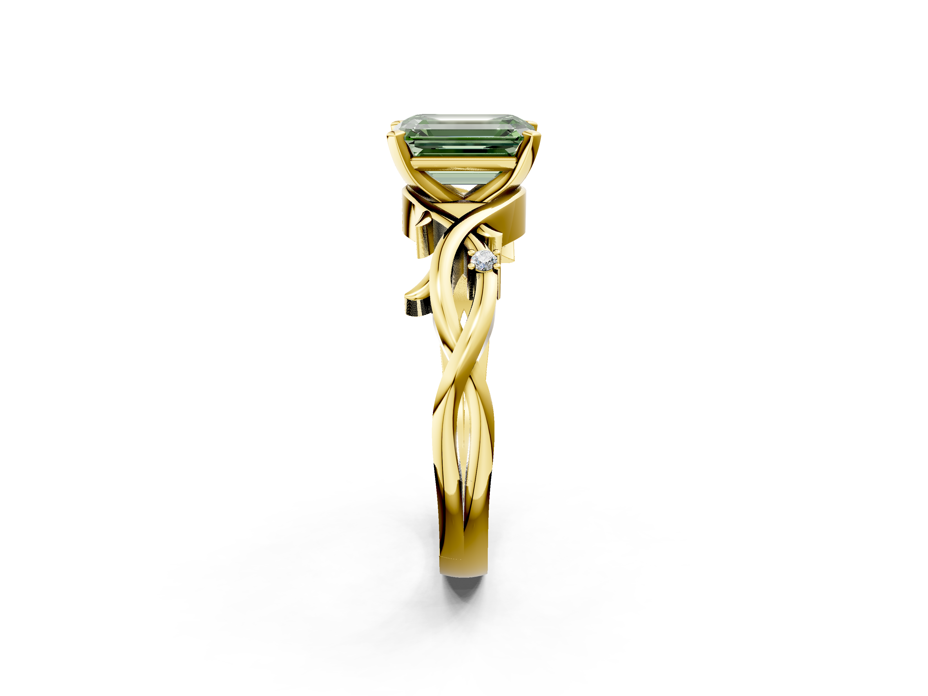 Yellow gold Fancy Green Emerald cut Solitaire Twisted Band Prong Setting Ring_190