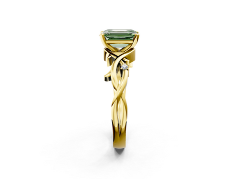 Yellow gold Fancy Green Emerald cut Solitaire Twisted Band Prong Setting Ring_190
