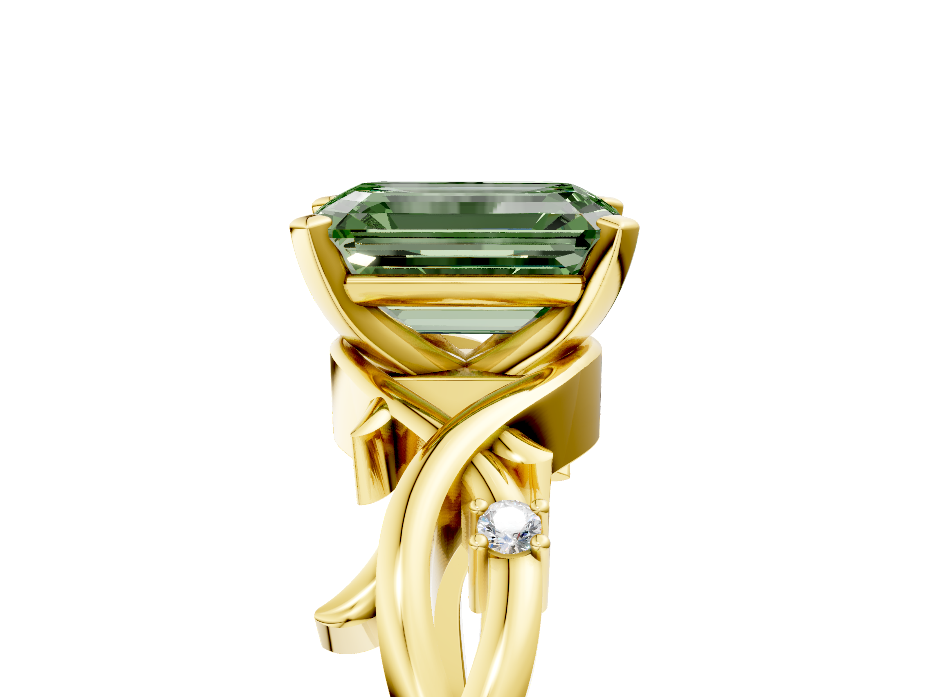 Yellow gold Fancy Green Emerald cut Solitaire Twisted Band Prong Setting Ring_193