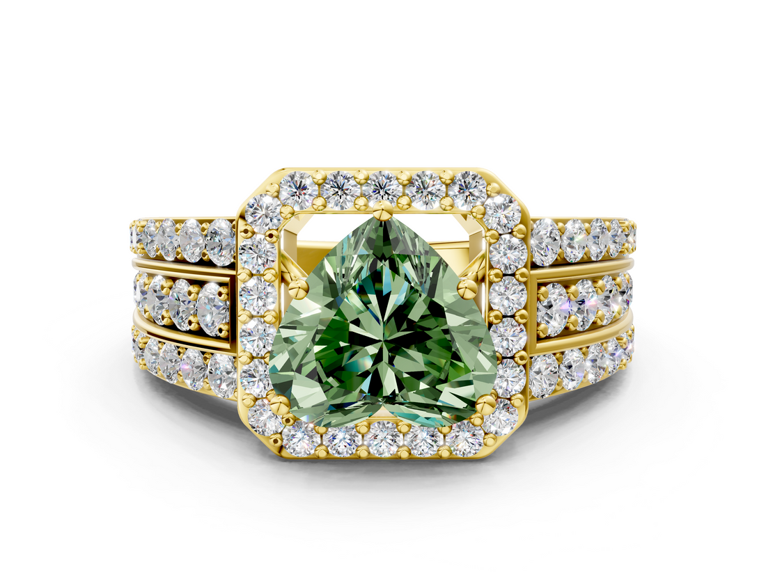 Yellow gold Fancy Green Heart -Cut Halo Diamond Ring with Split Shank and Four-Prong Setting_17