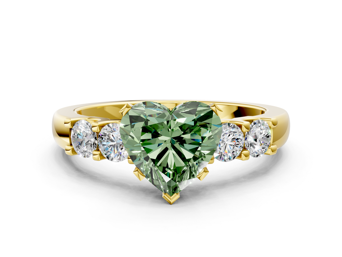 Yellow gold Fancy Green Heart  Brilliant Cut Diamond Five-Stone Prong Set Engagement Ring with Channel Band