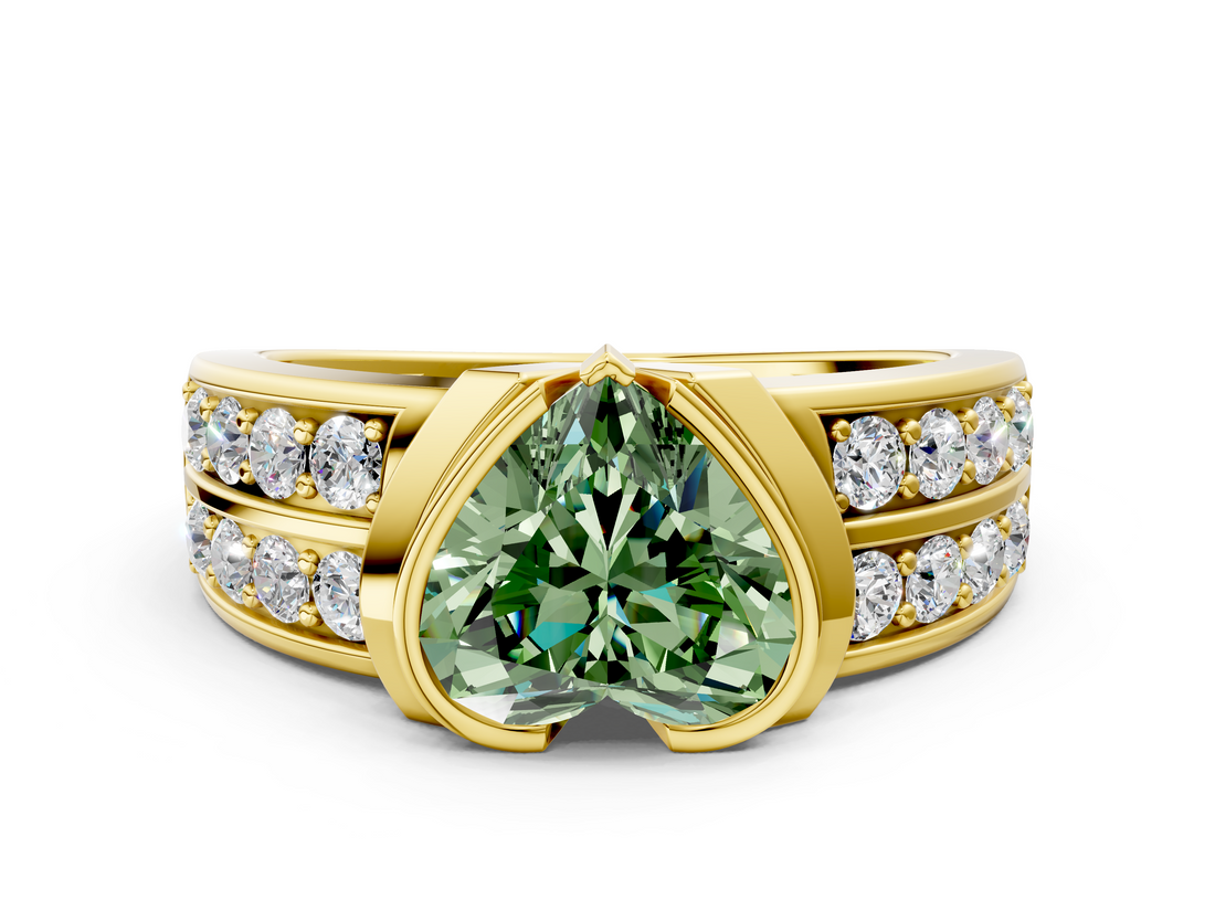 Yellow gold Fancy Green Heart  Brilliant Diamond Channel Set Wide Band Ring with Bezel Setting