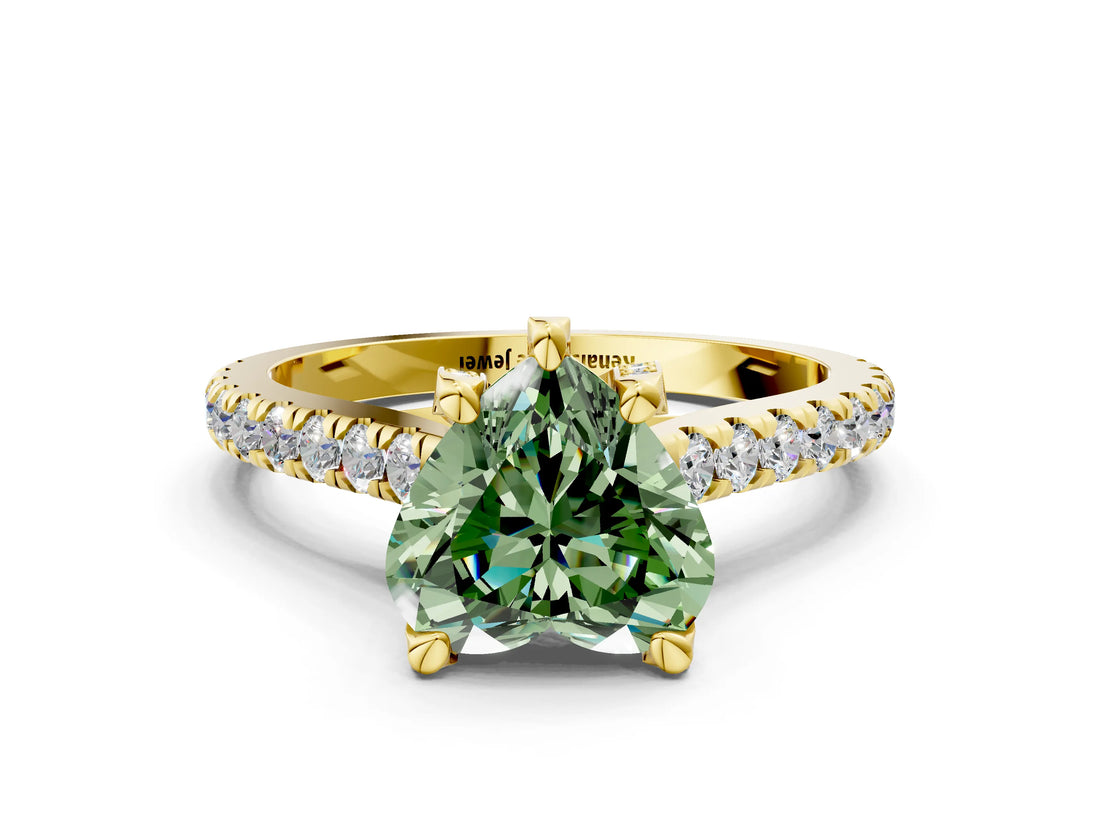 Yellow gold Fancy Green Heart  Brilliant Diamond Solitaire with Pavé Band and Four-Prong Setting