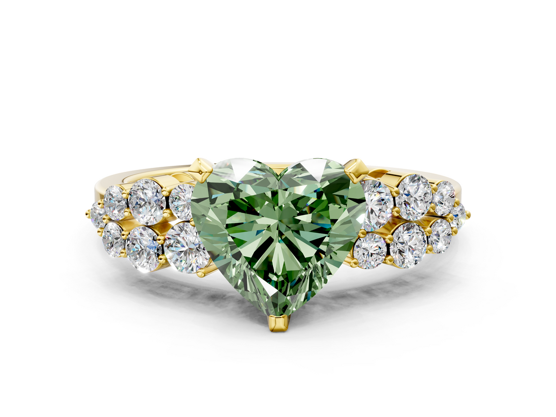 Yellow gold Fancy Green Heart  Cluster Diamond Engagement Ring with Pavé Band and Four-Prong Setting