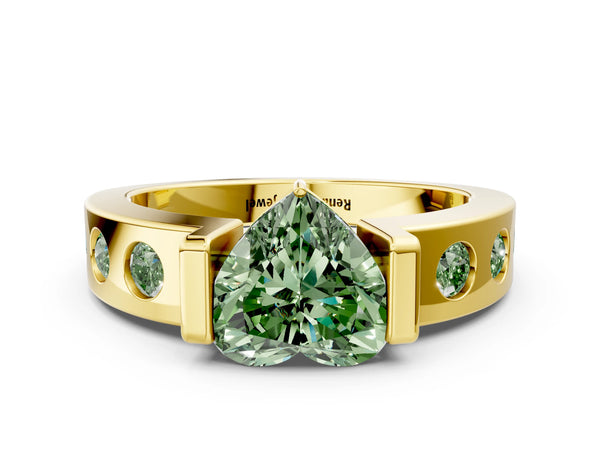 Yellow gold Fancy Green Heart Cut Brilliant Channel-Set Diamond Ring with Bezel Prong Setting