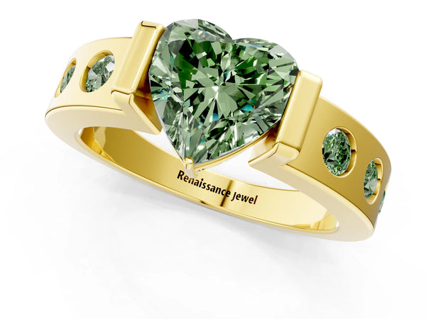Yellow gold Fancy Green Heart Cut Brilliant Channel-Set Diamond Ring with Bezel Prong Setting
