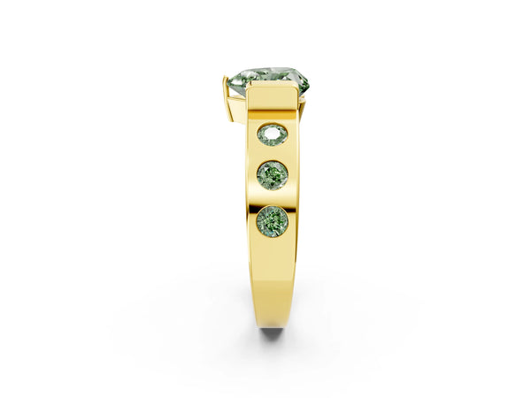 Yellow gold Fancy Green Heart Cut Brilliant Channel-Set Diamond Ring with Bezel Prong Setting