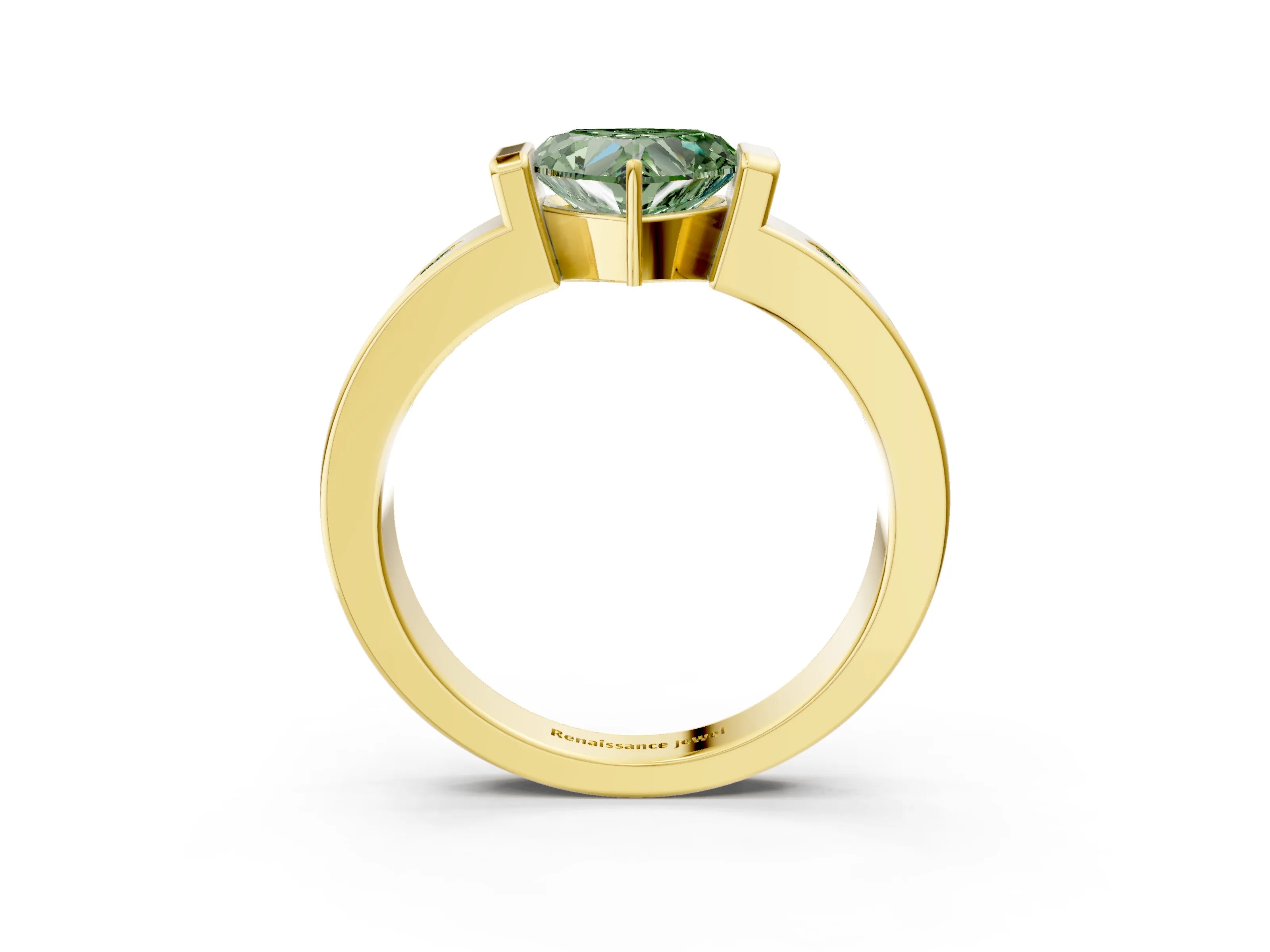 Yellow gold Fancy Green Heart Cut Brilliant Channel-Set Diamond Ring with Bezel Prong Setting_3