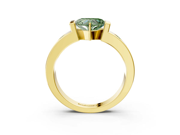 Yellow gold Fancy Green Heart Cut Brilliant Channel-Set Diamond Ring with Bezel Prong Setting