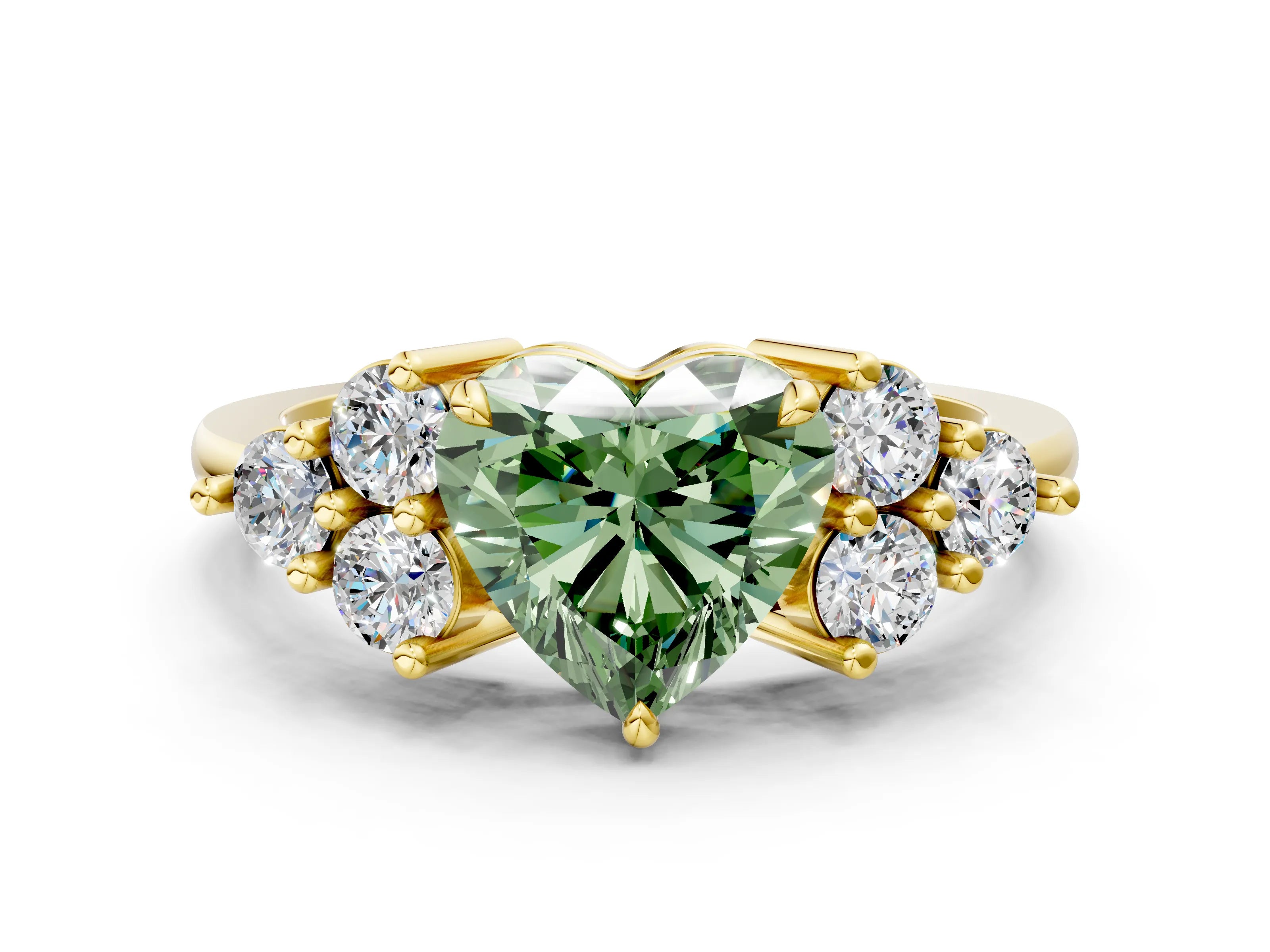 Yellow gold Fancy Green Heart Cut Brilliant Diamond Cluster Accent Solitaire Ring with Prong Setting