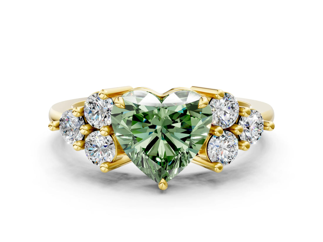 Yellow gold Fancy Green Heart Cut Brilliant Diamond Cluster Accent Solitaire Ring with Prong Setting
