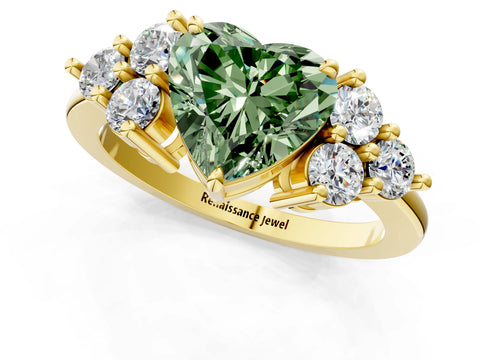 Yellow gold Fancy Green Heart Cut Brilliant Diamond Cluster Accent Solitaire Ring with Prong Setting_1