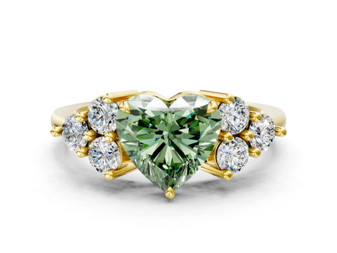 Yellow gold Fancy Green Heart Cut Brilliant Diamond Cluster Accent Solitaire Ring with Prong Setting