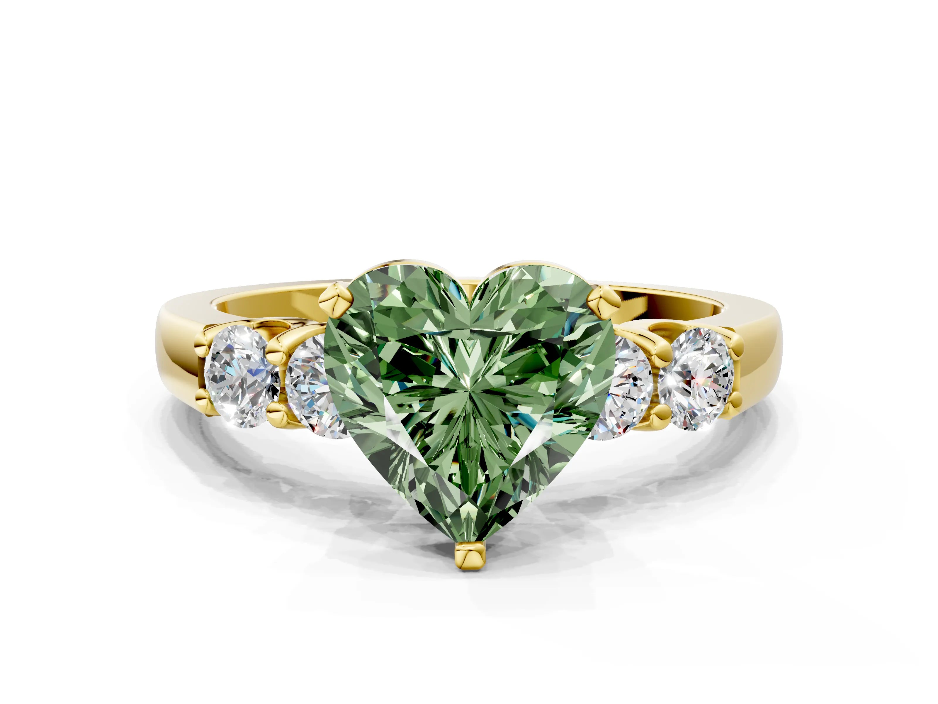 Yellow gold Fancy Green Heart Cut Brilliant Diamond Five-Stone Engagement Ring with Prong Setting on a Classic Band_3
