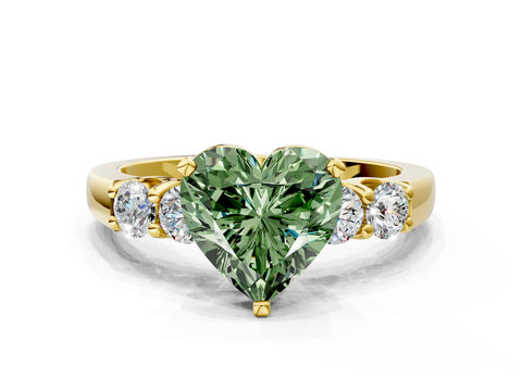 Yellow gold Fancy Green Heart Cut Brilliant Diamond Five-Stone Engagement Ring with Prong Setting on a Classic Band_3