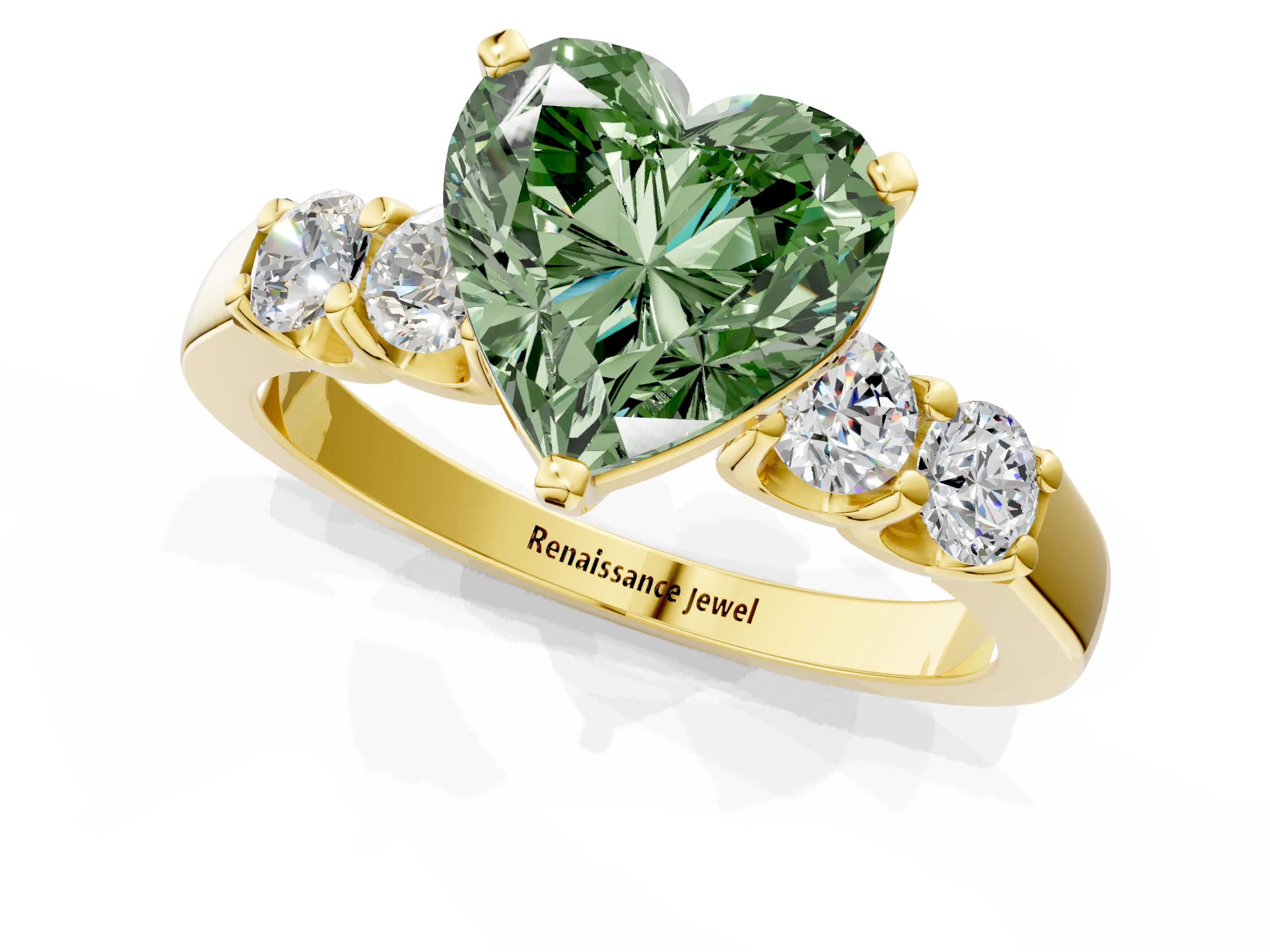 Yellow gold Fancy Green Heart Cut Brilliant Diamond Five-Stone Engagement Ring with Prong Setting on a Classic Band_4