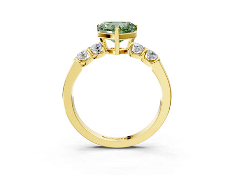 Yellow gold Fancy Green Heart Cut Brilliant Diamond Five-Stone Engagement Ring with Prong Setting on a Classic Band_6