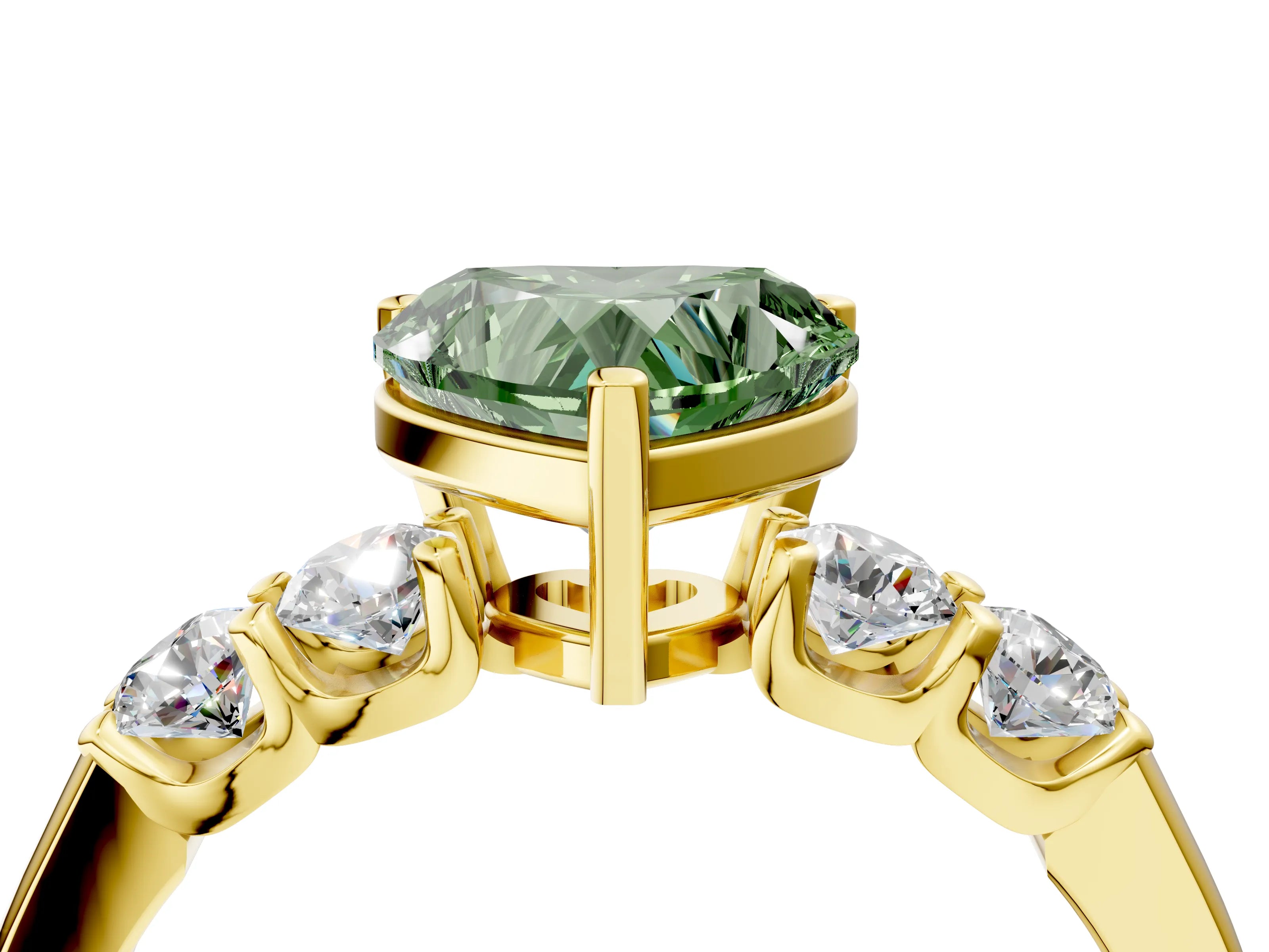 Yellow gold Fancy Green Heart Cut Brilliant Diamond Five-Stone Engagement Ring with Prong Setting on a Classic Band_7