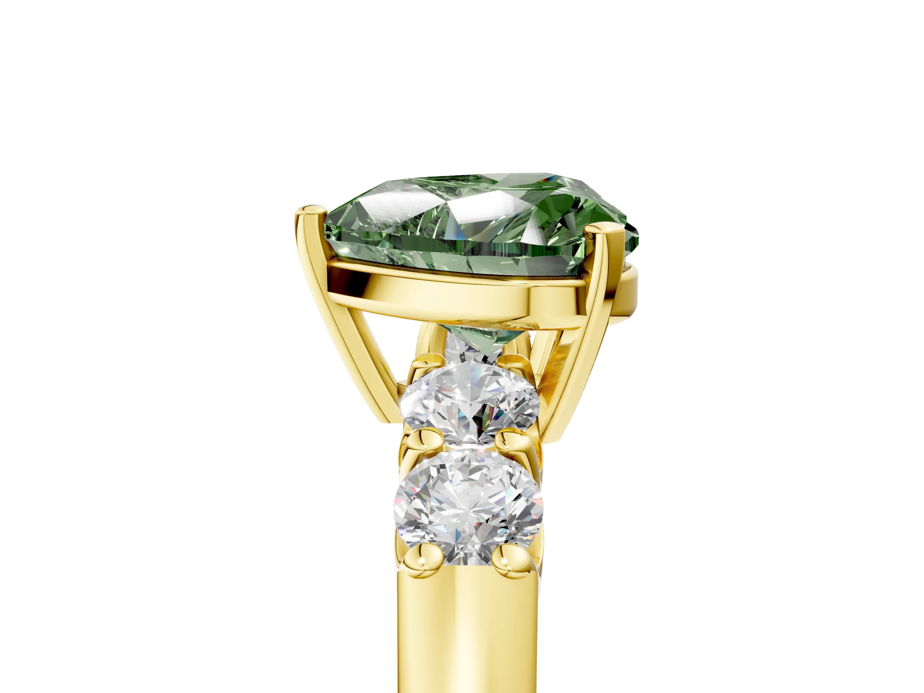 Yellow gold Fancy Green Heart Cut Brilliant Diamond Five-Stone Engagement Ring with Prong Setting on a Classic Band_8