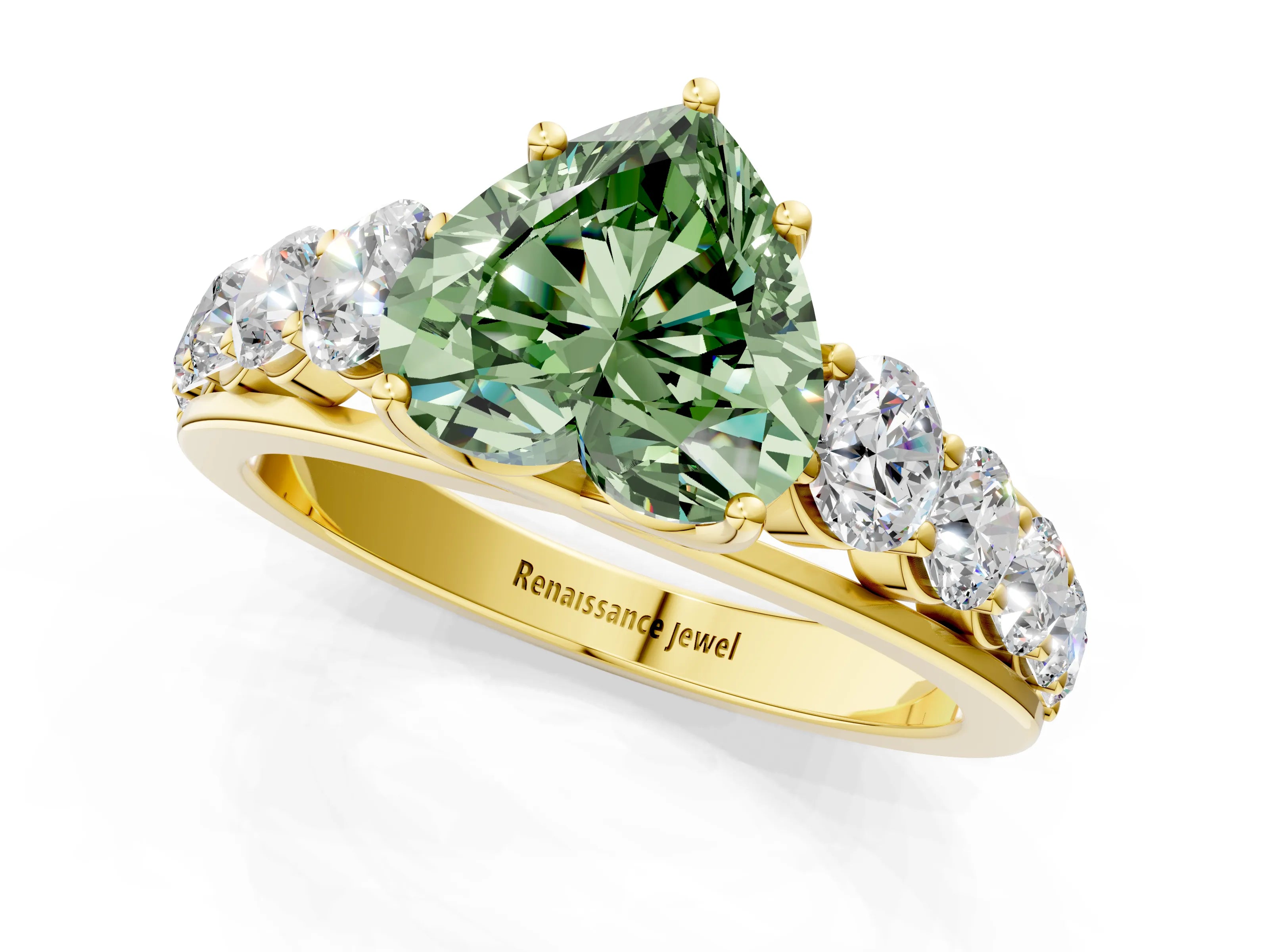Yellow gold Fancy Green Heart Cut Brilliant Diamond Pavé Band with Six-Prong Setting_1