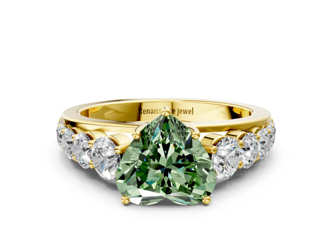 Yellow gold Fancy Green Heart Cut Brilliant Diamond Pavé Band with Six-Prong Setting