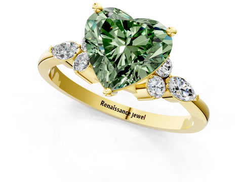 Yellow gold Fancy Green Heart Cut Brilliant Diamond Solitaire Ring with Pear Side Stones and Four-Prong Setting_4
