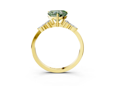 Yellow gold Fancy Green Heart Cut Brilliant Diamond Solitaire Ring with Pear Side Stones and Four-Prong Setting_6