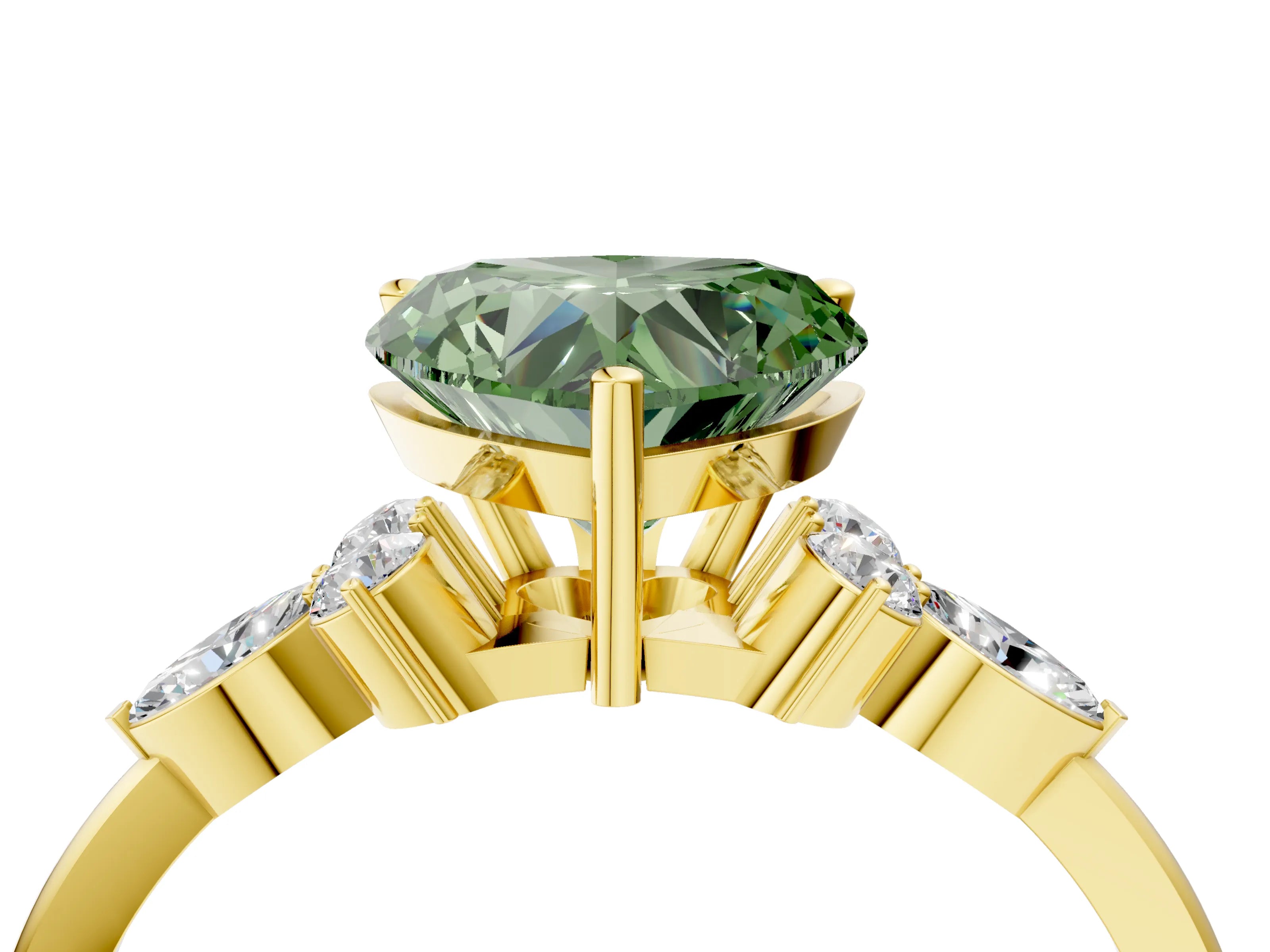 Yellow gold Fancy Green Heart Cut Brilliant Diamond Solitaire Ring with Pear Side Stones and Four-Prong Setting_7