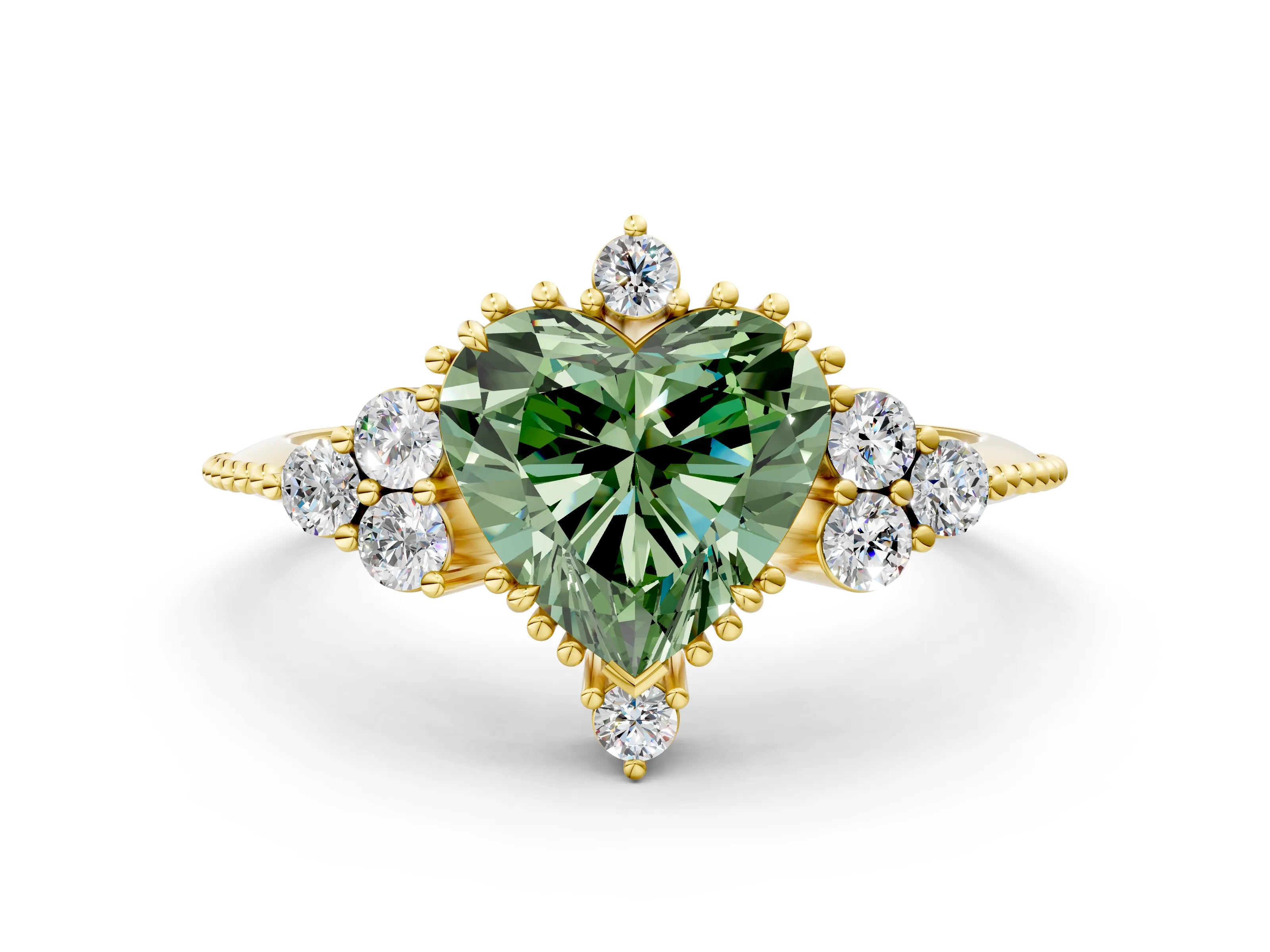 Yellow gold Fancy Green Heart Cut Brilliant Diamond with Cluster Setting on a Beaded Band and Four-Prong Setting