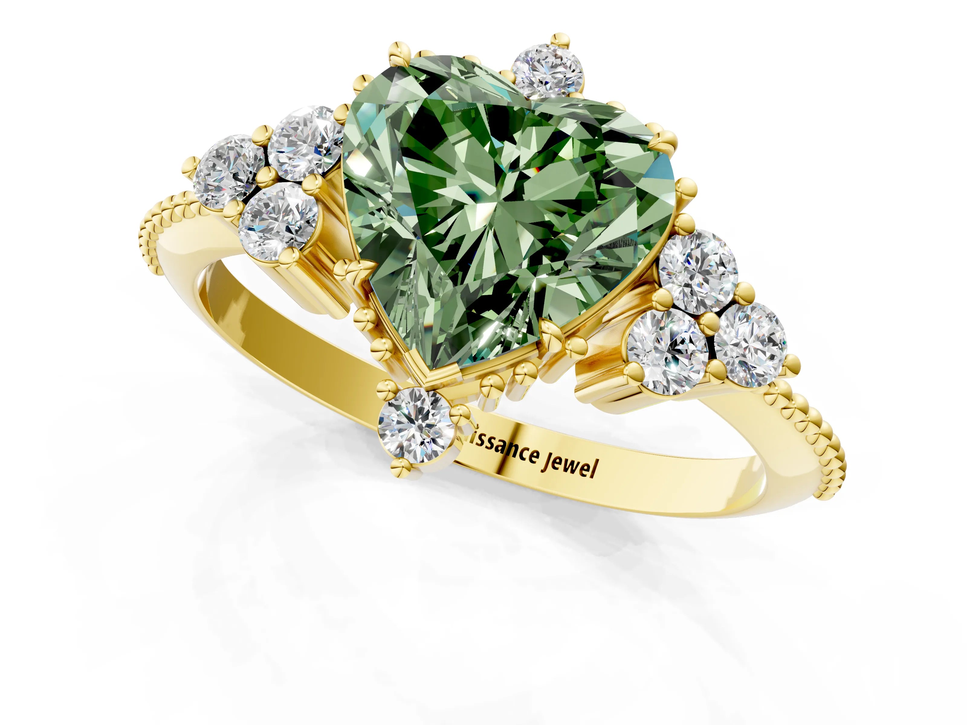Yellow gold Fancy Green Heart Cut Brilliant Diamond with Cluster Setting on a Beaded Band and Four-Prong Setting_13