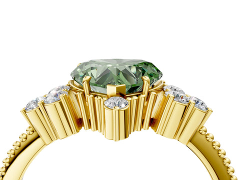 Yellow gold Fancy Green Heart Cut Brilliant Diamond with Cluster Setting on a Beaded Band and Four-Prong Setting_16