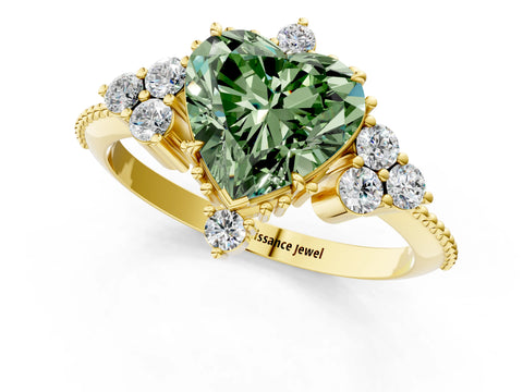 Yellow gold Fancy Green Heart Cut Brilliant Diamond with Cluster Setting on a Beaded Band and Four-Prong Setting_1
