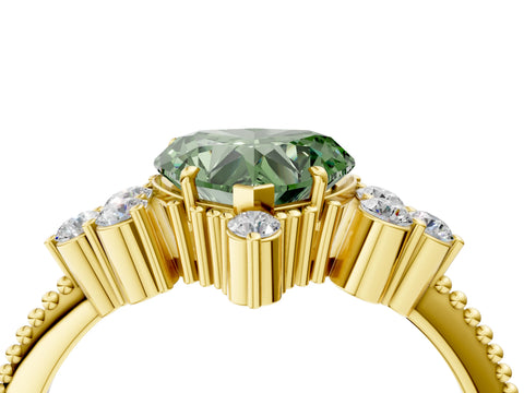 Yellow gold Fancy Green Heart Cut Brilliant Diamond with Cluster Setting on a Beaded Band and Four-Prong Setting_4