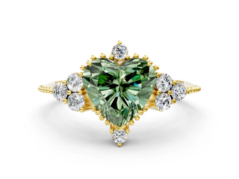 Yellow gold Fancy Green Heart Cut Brilliant Diamond with Cluster Setting on a Beaded Band and Four-Prong Setting