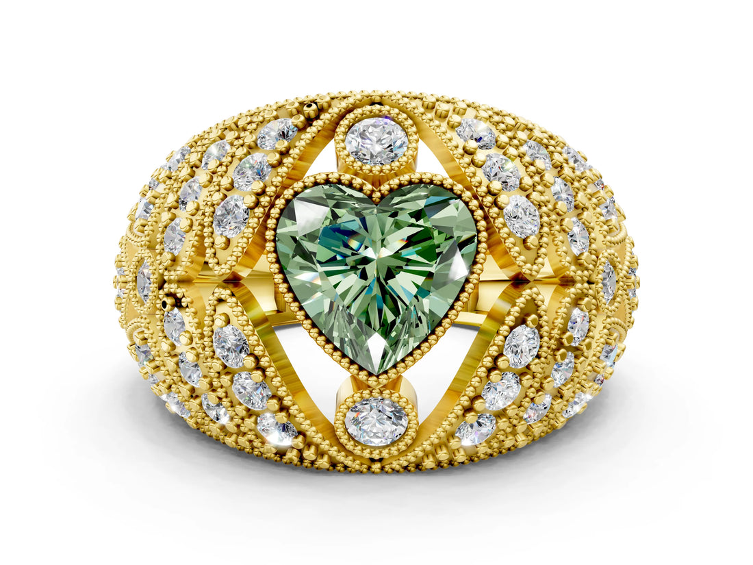 Yellow gold Fancy Green Heart Cut Brilliant Halo Pave Diamond Milgrain Ring