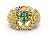 Yellow gold Fancy Green Heart Cut Brilliant Halo Pave Diamond Milgrain Ring