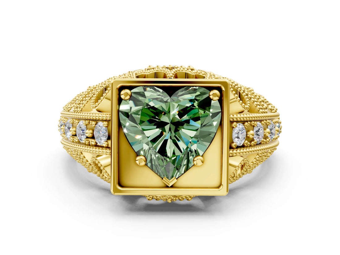 Yellow gold Fancy Green Heart Cut Brilliant Milgrain Filigree Diamond Ring with Square Prong Setting