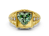 Yellow gold Fancy Green Heart Cut Brilliant Milgrain Filigree Diamond Ring with Square Prong Setting