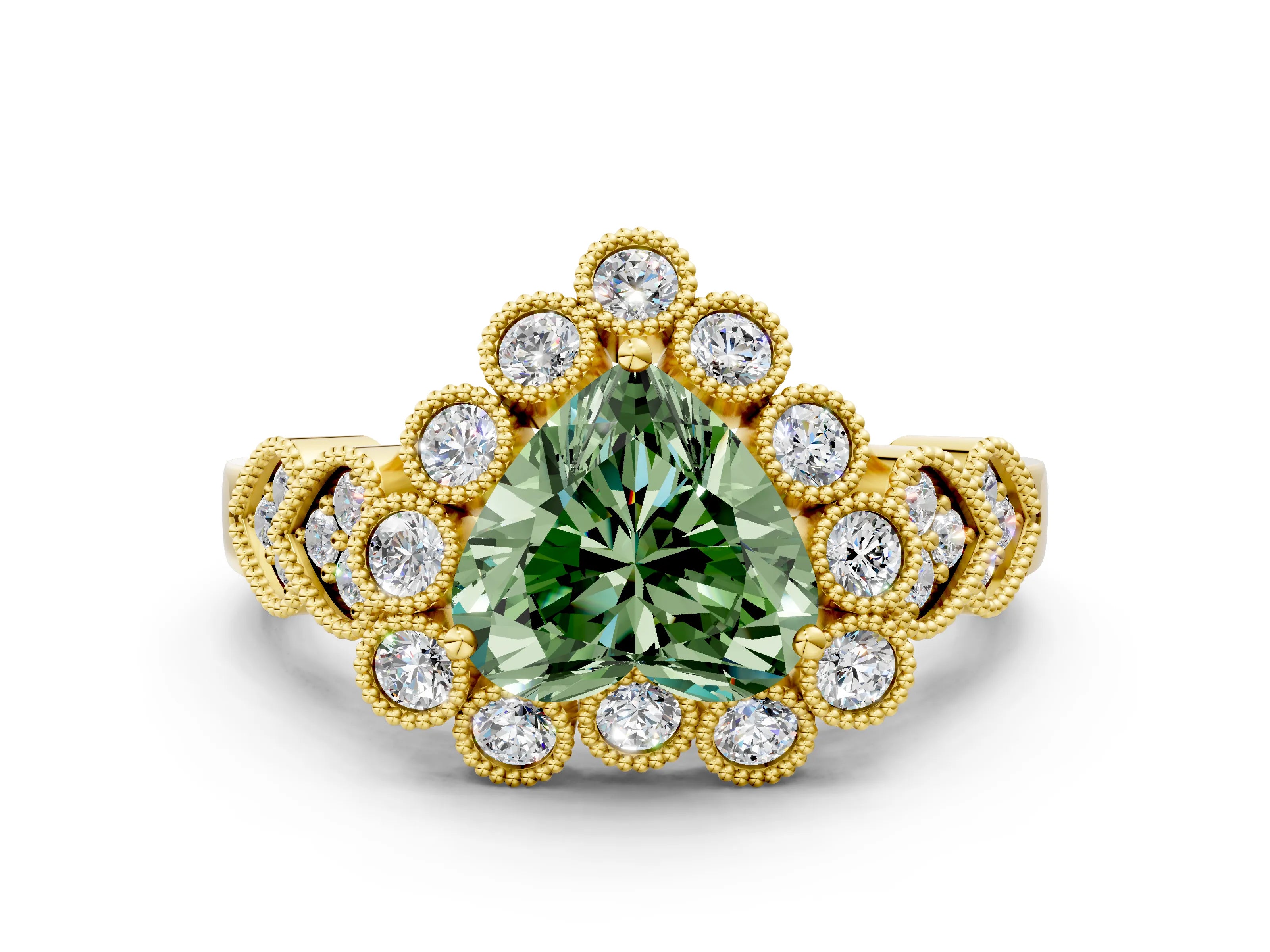 Yellow gold Fancy Green Heart Cut Brilliant Milgrain Pave Heart Band Solitaire Ring