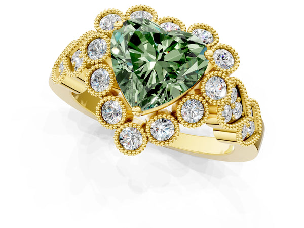 Yellow gold Fancy Green Heart Cut Brilliant Milgrain Pave Heart Band Solitaire Ring