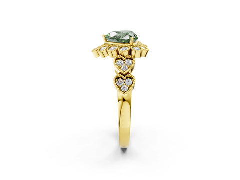 Yellow gold Fancy Green Heart Cut Brilliant Milgrain Pave Heart Band Solitaire Ring_2