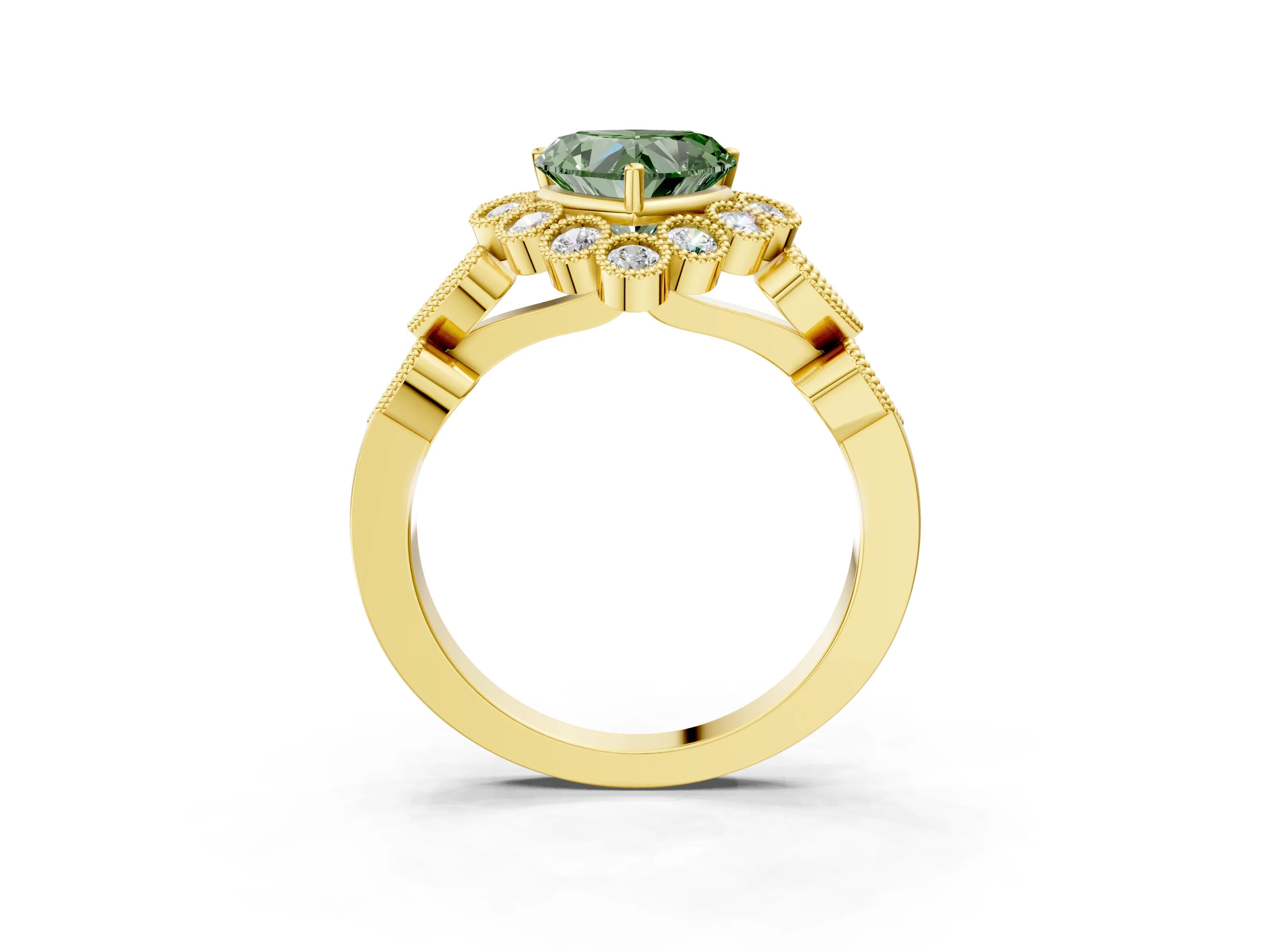 Yellow gold Fancy Green Heart Cut Brilliant Milgrain Pave Heart Band Solitaire Ring_3