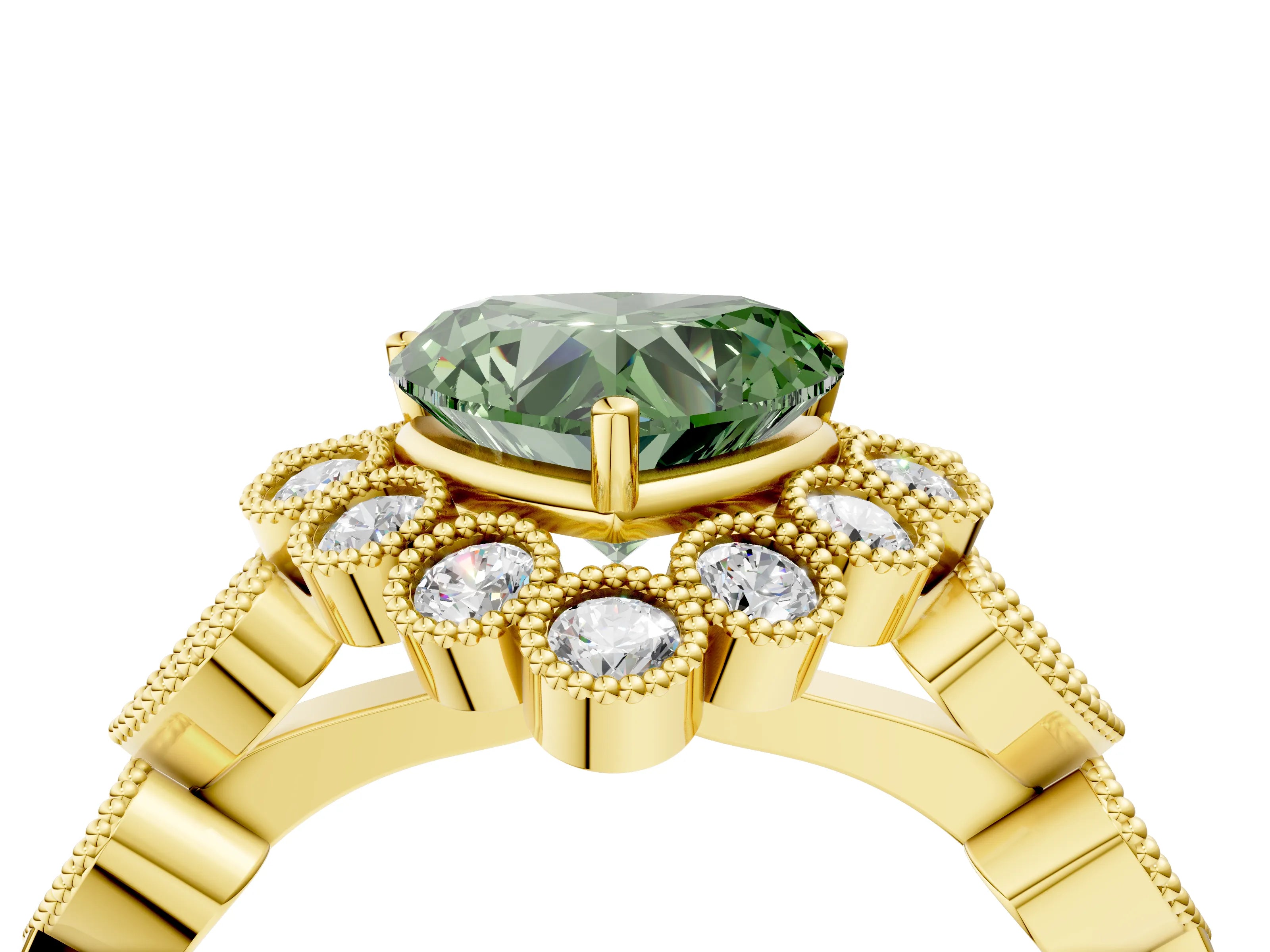 Yellow gold Fancy Green Heart Cut Brilliant Milgrain Pave Heart Band Solitaire Ring_4