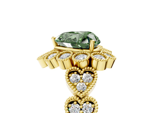 Yellow gold Fancy Green Heart Cut Brilliant Milgrain Pave Heart Band Solitaire Ring_5